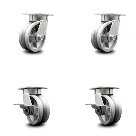 Service Caster 5 Inch Kingpinless V Groove Semi Steel Wheel Swivel Caster Set with 2 Brakes SCC SCC-KP30S520-VGR-2-SLB-2